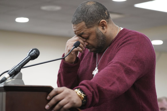 Wayne Jones, the son of Tops Friendly Market shooting victim Celestine Chaney, pauses to collect himself as he makes a statement to the court during the sentencing of Payton Gendron in Buffalo, NY.