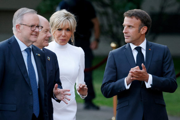 Australian Prime Minister Anthony Albanese, German Chancellor Olaf Scholz, the French president’s wife, Brigitte Macron, and French President Emmanuel Macron at the NATO summit.