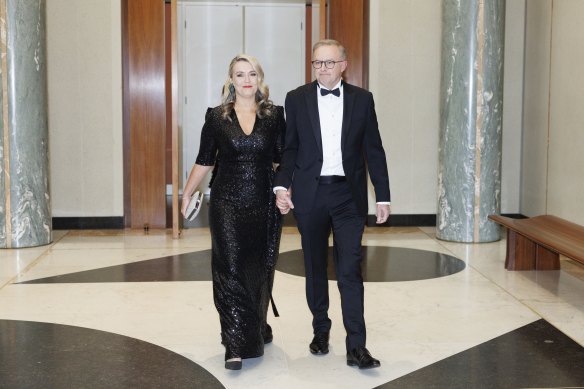 Jodie Haydon and Prime Minister Anthony Albanese  during arrivals at the Midwinter Ball, at Parliament House 