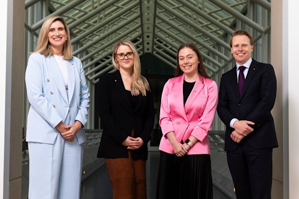 New Labor senators: Corinne Mulholland, Ellie Whiteaker, Charlotte Walker and Richard Dowling at Parliament House in Canberra.