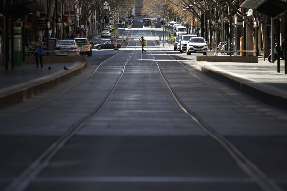 A near-deserted Bourke Street in Melbourne during the lockdown.
