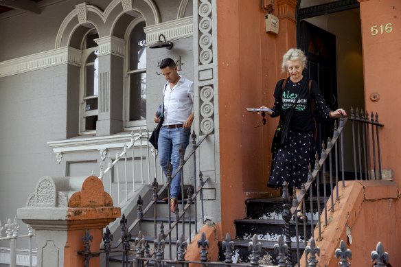 Alex Greenwich door-knocking with volunteers in Surry Hills earlier this month.