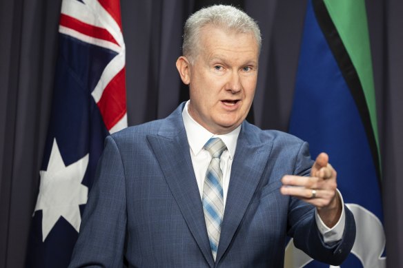 Employment and Workplace Relations Minister Tony Burke during a press conference this morning. 