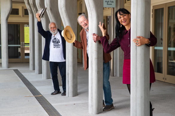 Celebrating at Bondi Pavilion before the screening of a new documentary: (from left) Mark Gould, Michael Caton and Eliane Morel.