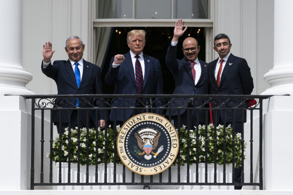 The signing of the Abraham Accords: Israeli Prime Minister Benjamin Netanyahu, left, President Donald Trump, Bahrain Foreign Minister Khalid bin Ahmed Al Khalifa and United Arab Emirates Foreign Minister Abdullah bin Zayed al-Nahyan at the White House in September.