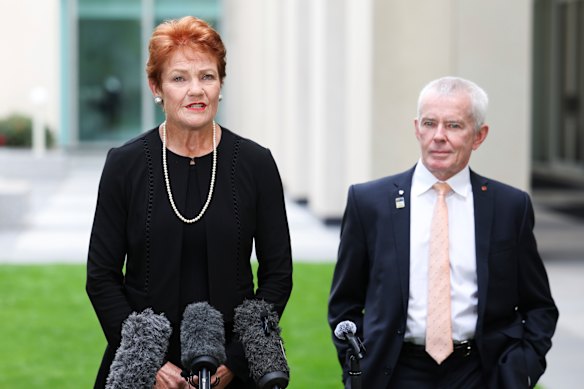 One Nation leader Pauline Hanson and senator Malcolm Roberts.