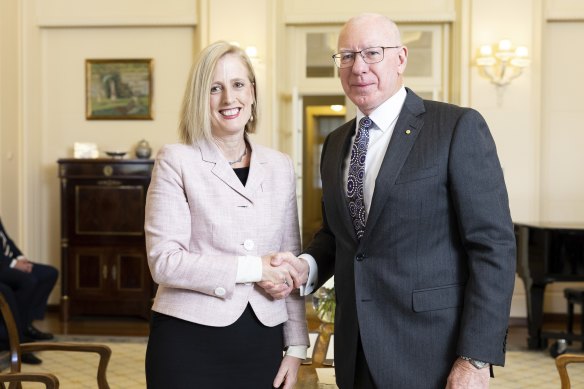 Katy Gallagher shaking hands with Governor General David Hurley after being sworn in on Monday.