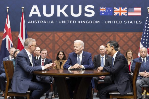 Prime Minister Anthony Albanese, US President Joe Biden and UK Prime Minister Rishi Sunak in San Diego.