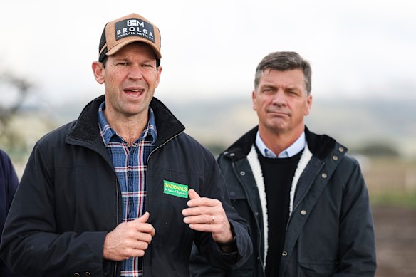 Nationals leader Matt Canavan and Opposition Leader Angus Taylor speaking from Bungendore on Wednesday. 