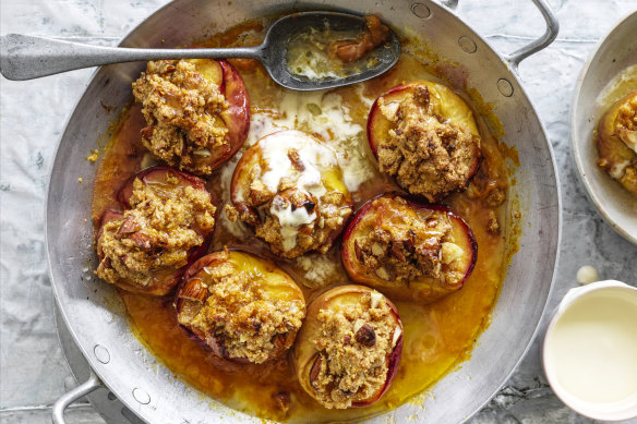 Baked peaches with polenta and almond crumble.