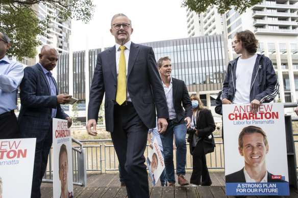 Anthony Albanese with new Parramatta candidate Andrew Charlton on Friday. 