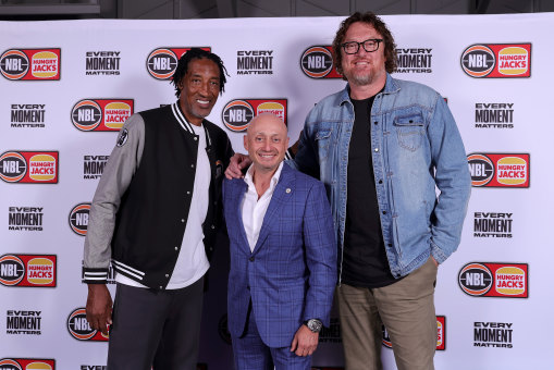 Scottie Pippen, Kestelman and Luc Longley pose for a portrait during the round one NBL match between Melbourne United and South East Melbourne Phoenix last month.
