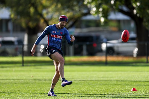 Melbourne captain Max Gawn training at Gosch’s Paddock ahead of 2026 Alice Springs match.