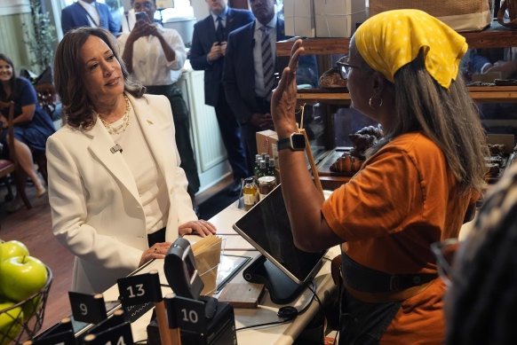 Kamala Harris listens during a campaign stop at Dottie’s Market in Savannah, Georgia.