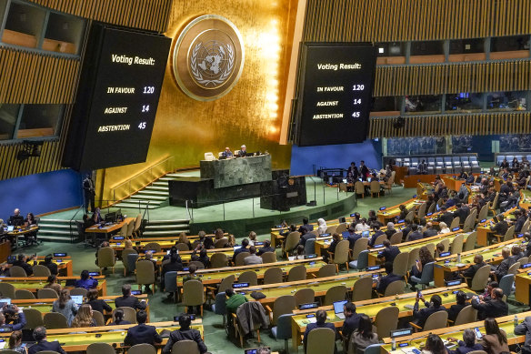 Voting results are displayed as the UN General Assembly voted on a nonbinding resolution calling for a “humanitarian truce” in Gaza.