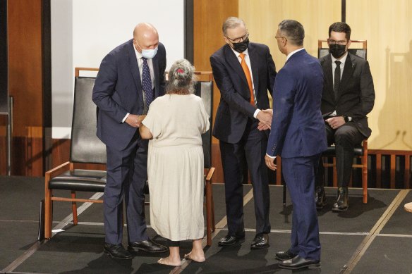 Opposition Leader Peter Dutton and Prime Minister Anthony Albanese are greeted by Elders Aunty Matilda House and Paul House during a Welcome to Country ceremony to mark the start of the 47th Parliament. 