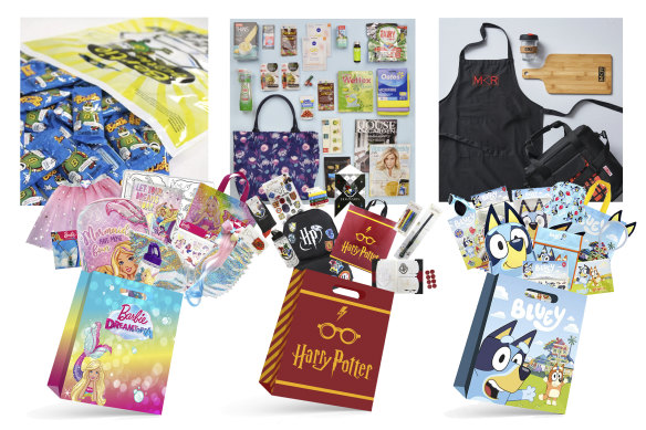 The top-selling showbags for Bensons Trading (Bluey, Harry Potter and Barbie) and for Chicane Showbags (Bertie Beetle, The Australian Women's Weekly and My Kitchen Rules).