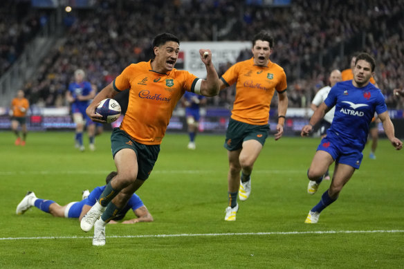 Lalakai Foketi celebrates as he scores a length of the field try against France on last year’s Spring Tour.