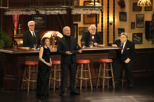 Cheers! From left: Ted Danson Rhea Perlman, Kelsey Grammar, John Ratzenberger, and George Wendt present the award for outstanding writing for a comedy series.