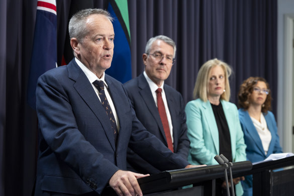 Government Services Minister Bill Shorten, Attorney-General Mark Dreyfus, Finance Minister Katy Gallagher and Social Services Minister Amanda Rishworth at a press conference on the response to the royal commission on Monday.