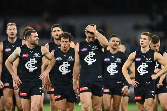 Carlton players leave the field after the loss to Port Adelaide on the weekend.