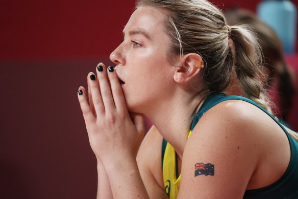 Sara Blicavs reacts from the bench during the second half against Belgium on Tuesday.