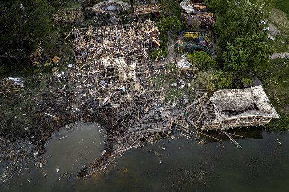 A destroyed resort is seen from above after a Russian rocket attack near Kharkiv, Ukraine, on Sunday.