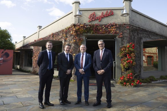 Left to right: Penfolds managing director Tom King; chief winemaker Peter Gago; Agriculture Minister Murray Watt; and Treasury Wine Estates CEO Tim Ford during Chinese Premier Li Qiang’s visit to Magill Estate in Adelaide.