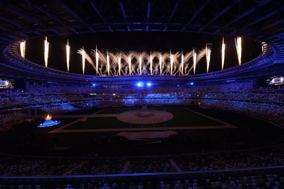 Fireworks are seen during the closing ceremony of the Tokyo 2020 Olympic Games.