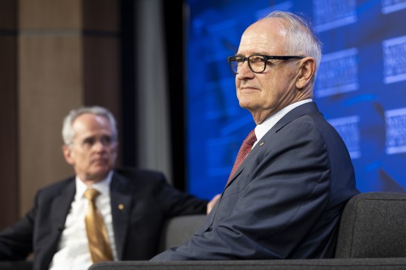 Ross Garnaut (right) at the National Press Club in Canberra in February. 