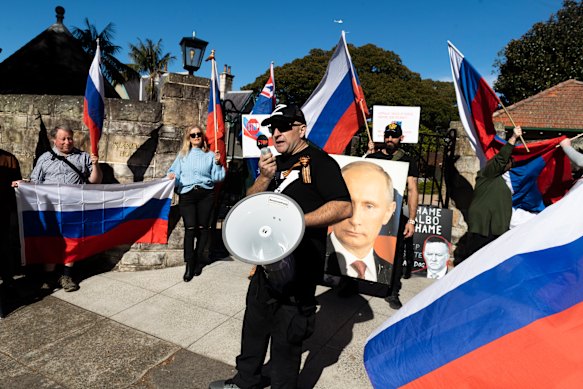 A small group of about pro-Putin demonstrators gathered outside the prime minister’s house at Kirribilli  in June 2023 to demand he allow Russia to retain its proposed embassy site.