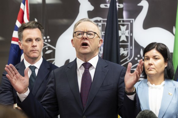 Prime Minister Anthony Albanese with NSW Premier Chris Minns and NT Chief Minister Natasha Fyles after a national cabinet in Brisbane in August.