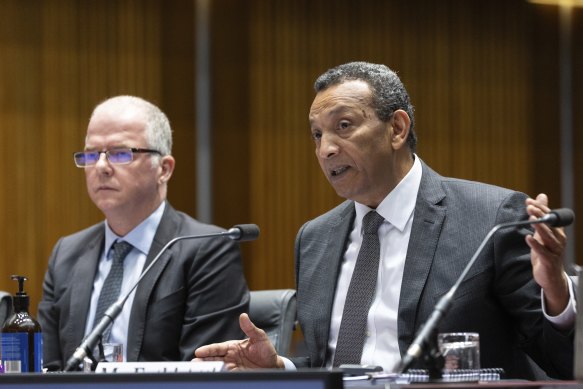 Top Qatar Airways executives Matt Raos (left) and Fathi Atti fronted a Senate committee this morning.