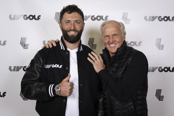 Jon Rahm and LIV Golf boss Greg Norman pose for a photo in New York after the announcement.