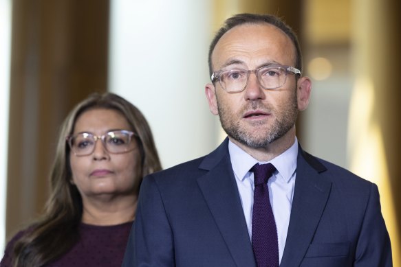 Greens leader Adam Bandt and deputy leader Mehreen Faruqi on Monday.