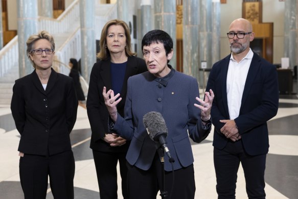 Business Council of Australia chief executive Jennifer Westacott addresses the media, watched by ACTU secretary Sally McManus (left), ACTU president Michele O’Neil and BCA president Tim Reed.