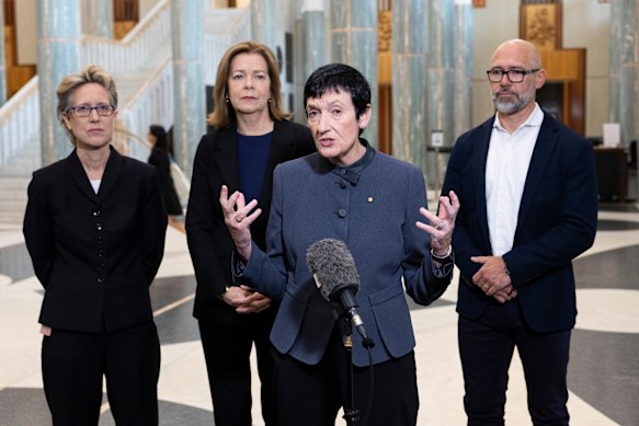 Business Council of Australia chief executive Jennifer Westacott addresses the media, watched by ACTU secretary Sally McManus (left), ACTU president Michele O’Neil and BCA president Tim Reed.