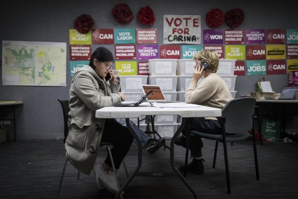 Volunteers make calls to Chisholm voters from Carina Garland’s office.