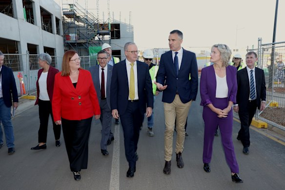 Prime Minister Anthony Albanese, Premier of South Australia Peter Malinauskas and Minister for Housing and Minister for Homelessness Clare O’Neil during a visit to the Prospect Corner housing development, in the electorate of Adelaide, in South Australia.