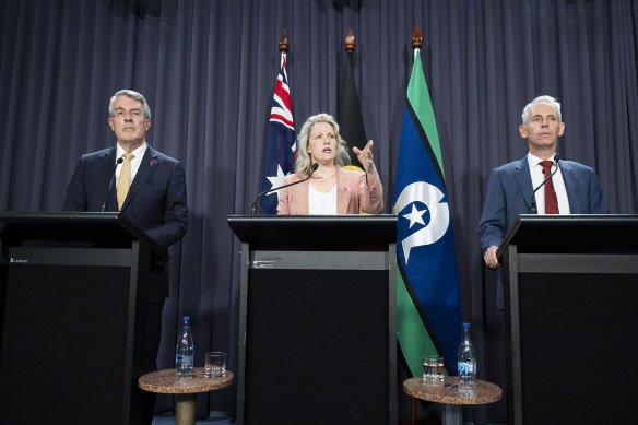 Attorney-General Mark Dreyfus, Minister for Home Affairs Clare O’Neil and Immigration Minister Andrew Giles during a press conference on Wednesday.