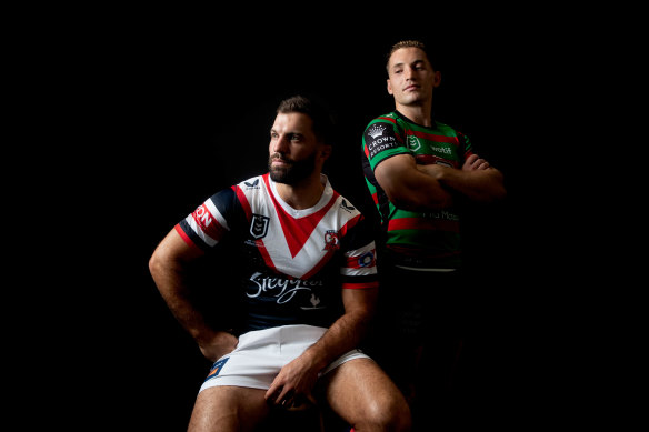 Roosters captain James Tedesco with Rabbitohs counterpart Cameron Murray.