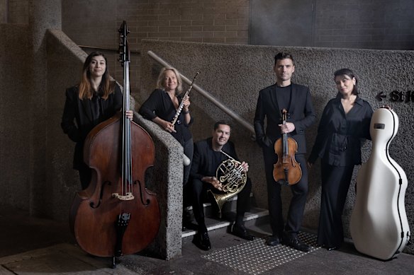 MSO musicians Aurora Henrich (double bass ), Wendy Clarke (flute), Nicolas Fleury (French horn ),  William Clark (viola) and Elina Faskhi (cello).  