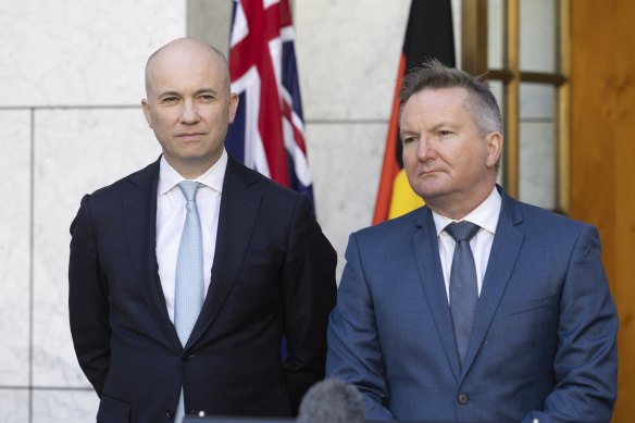 Climate Change and Energy Minister Chris Bowen, right, has helped recruit Matt Kean, a senior Liberal and a public critic of nuclear power, in a way that reminds voters of the gulf within the Coalition on energy and climate.