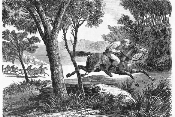 An engraving of Morgan evading police on horseback.