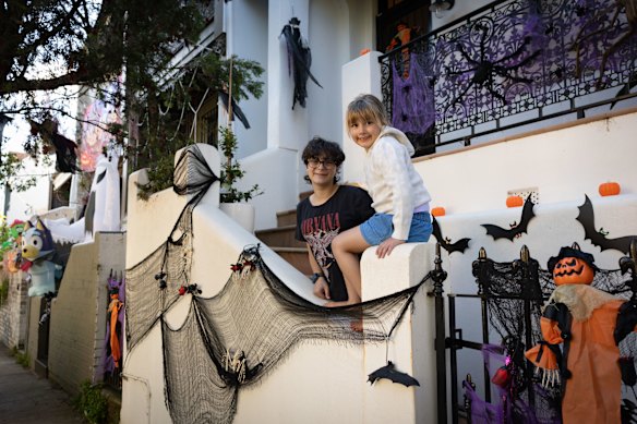 Emilia and Olivia at their decorated home in Annandale ahead of Halloween.