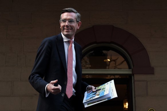 NSW Treasurer Dominic Perrottet with the NSW budget papers ahead of the budget on Tuesday.