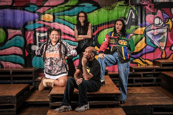 Artists Nimkish, Amos Roach and Sky Thomas with YARRAMBOI co-lead Sherene Stewart at rear.
