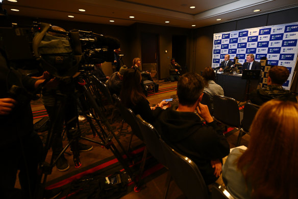 Rugby Australia CEO Phil Waugh and Rugby Australia Chair Daniel Herbert speak to the media in Mebourne on Thursday.