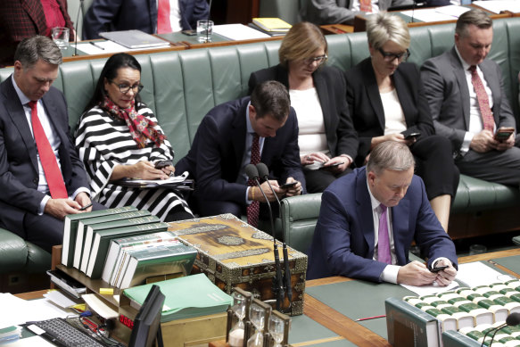 Top Labor frontbenchers on their mobile phones during question time on Monday.