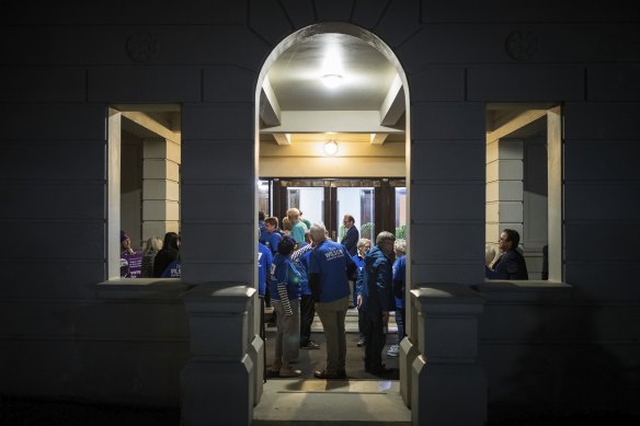 Supporters and volunteers for the candidates outside the Brighton Town Hall.